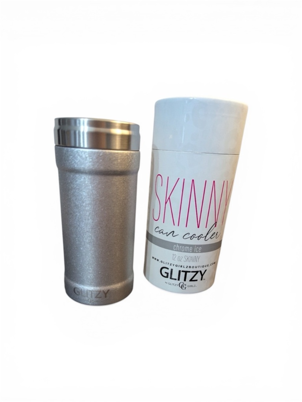Glitzy Skinny Can Cooler in Chrome Ice